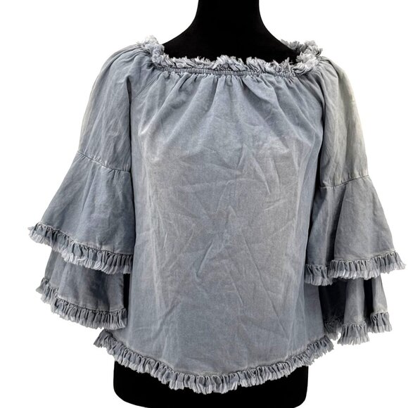 Boston Proper‎ Denim Shirt Womens S Ruffle Bell Sleeves Boho Western Cowboy Jean - Picture 1 of 8